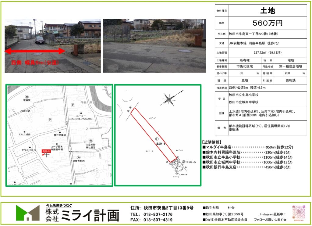 【土地情報】秋田市牛島東一丁目220番1(地番）